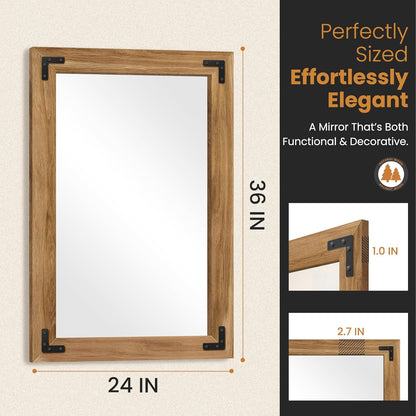 Bathroom Mirror for Wall with Wooden Frame, 36"x24" Solid Wood Vanity Mirror for Farmhouse