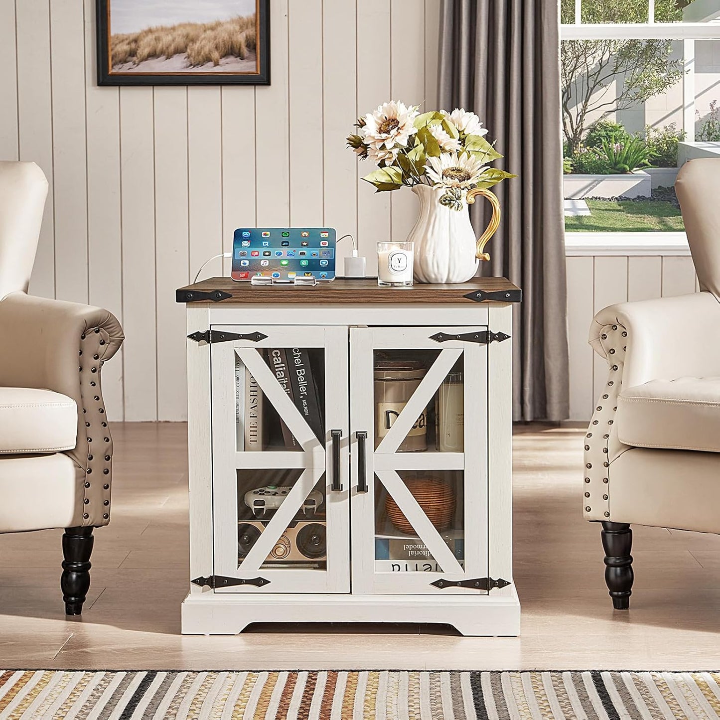 24" End Table with Charging Station, Farmhouse Night Stand with Glass Barn Door, White Nightstands