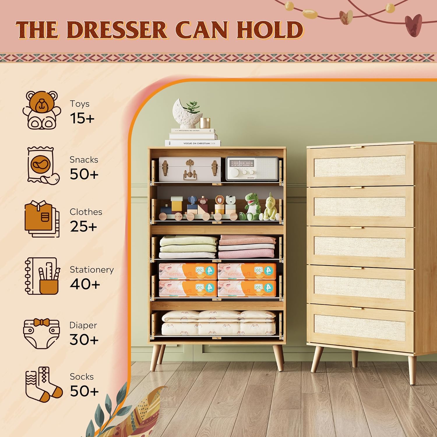WLIVE Rattan Dresser for Bedroom, 5 Drawer Wood Boho Dresser Storage with Gold Metal Handle, Chest