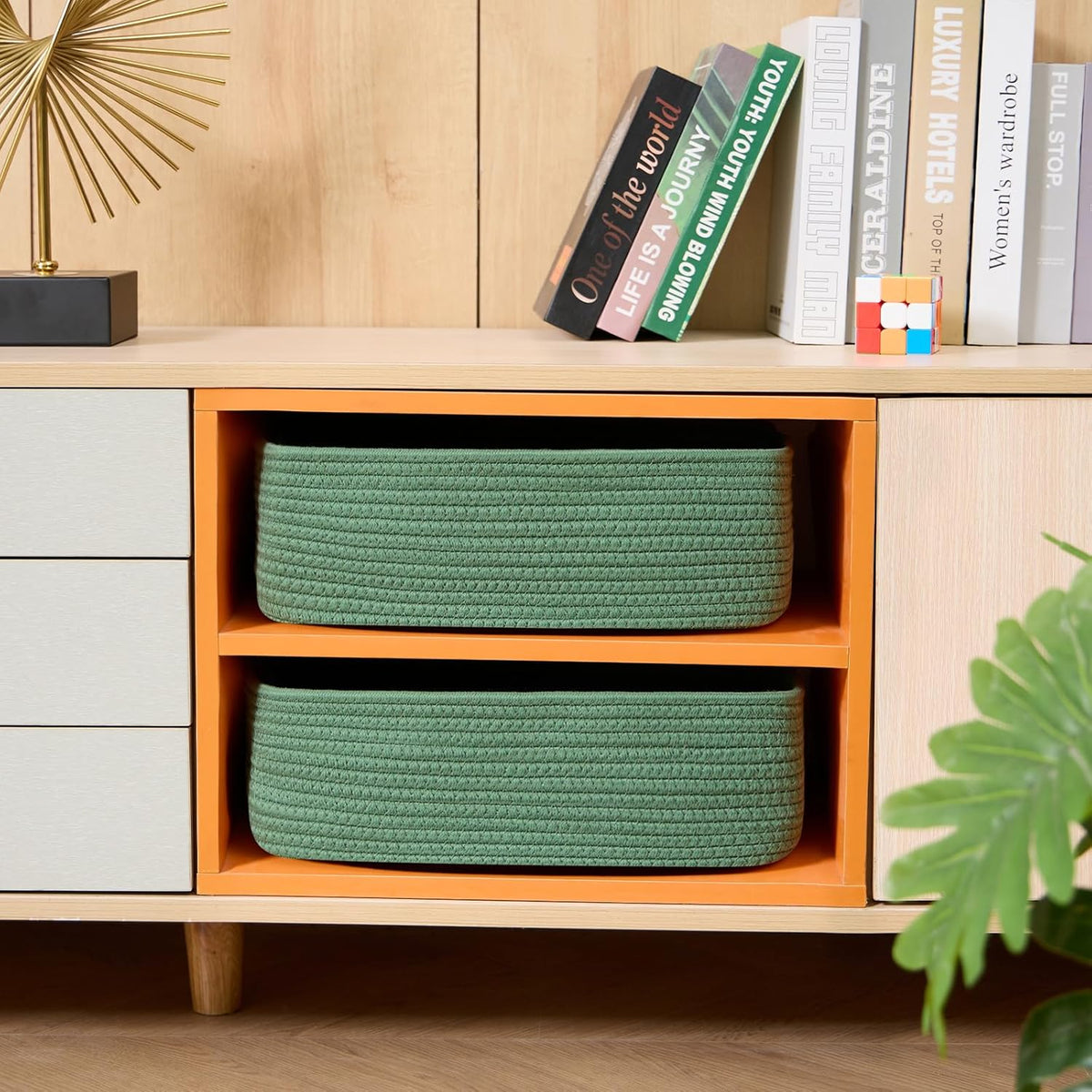 Large Shallow Organizing Baskets 15x11x5.1 Inches - Rope Woven Storage Bins for Bathroom, Shelves