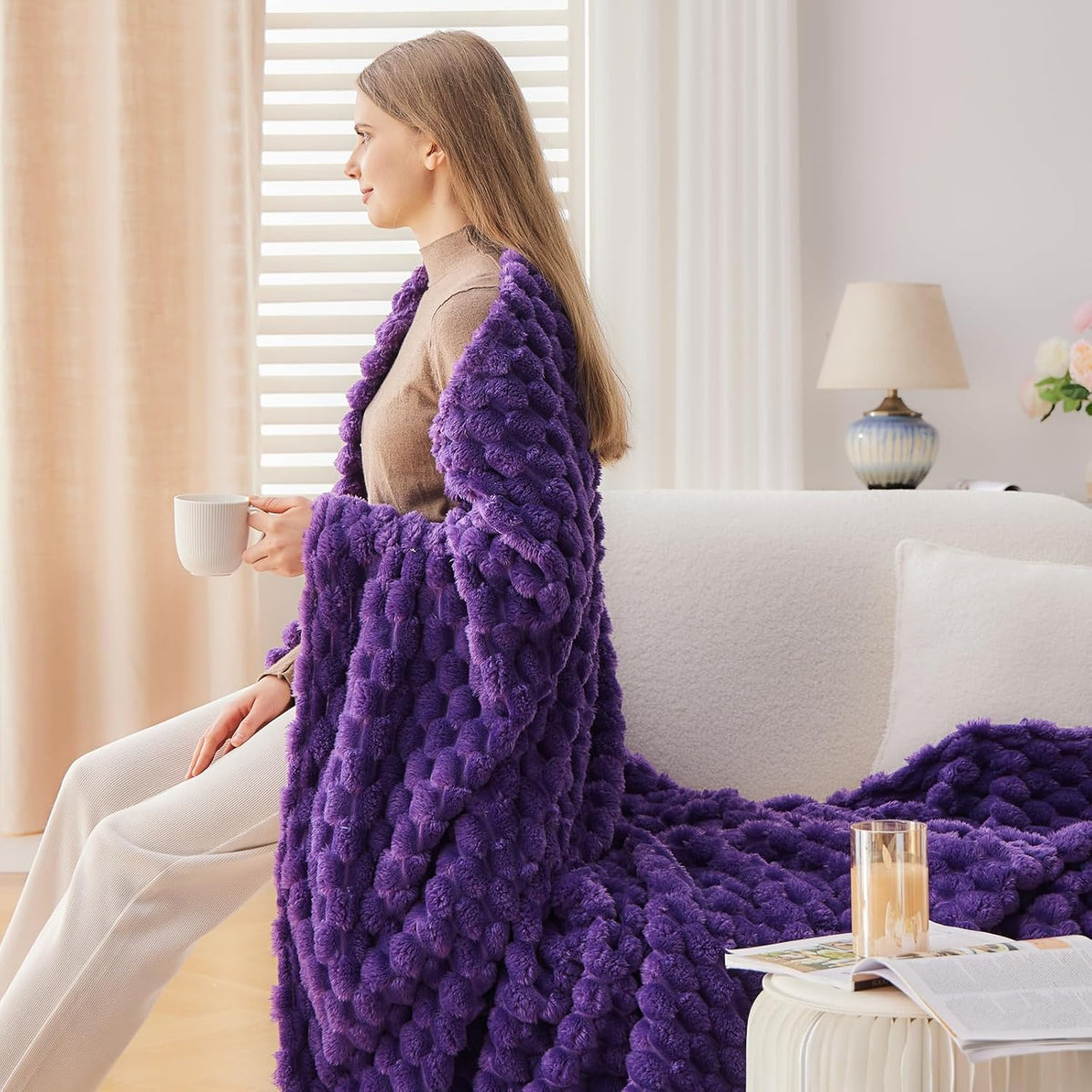 NEWCOSPLAY Super Soft Throw Blanket Purple Premium Silky Flannel Fleece 3D Clouds Stylish Jacquard