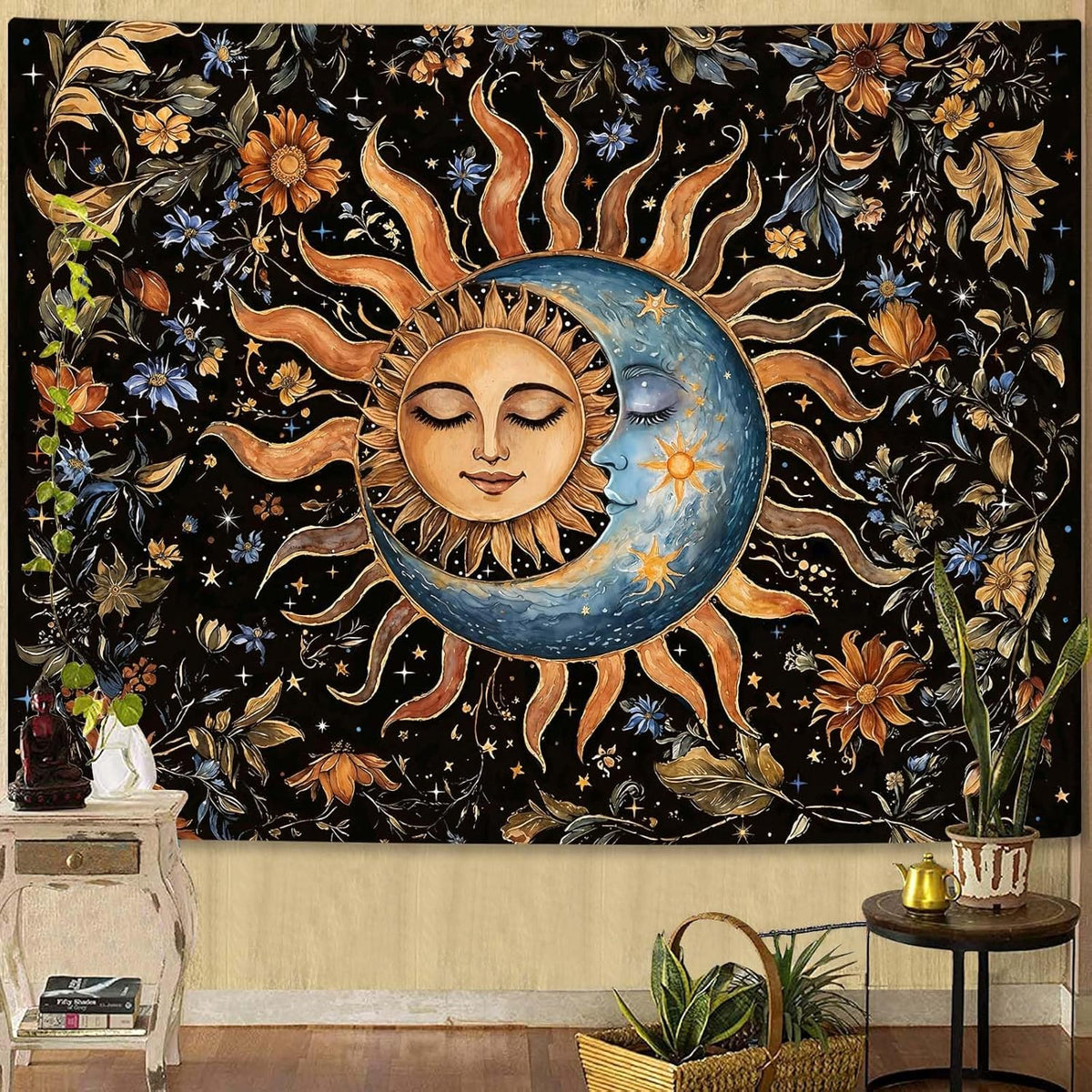 Aipon Sun and Moon Tapestry for Bedroom Boho Vintage Floral Hippie Wall Tapestry Aesthetic Retro