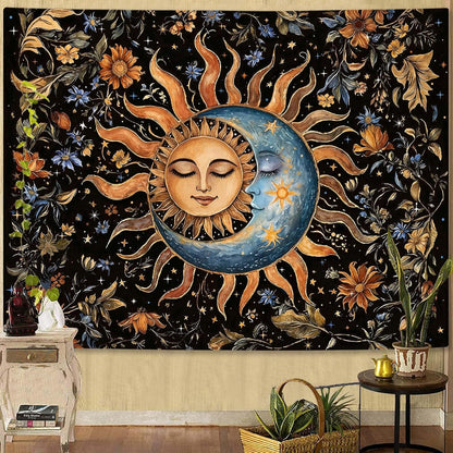 Aipon Sun and Moon Tapestry for Bedroom Boho Vintage Floral Hippie Wall Tapestry Aesthetic Retro