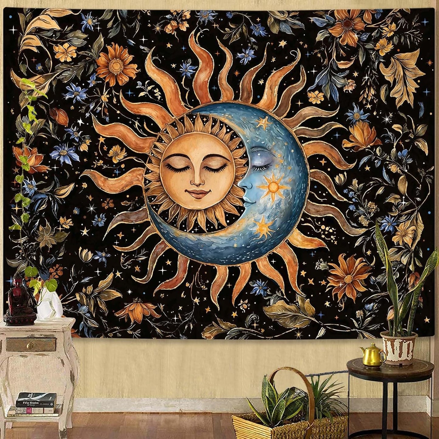 Aipon Sun and Moon Tapestry for Bedroom Boho Vintage Floral Hippie Wall Tapestry Aesthetic Retro