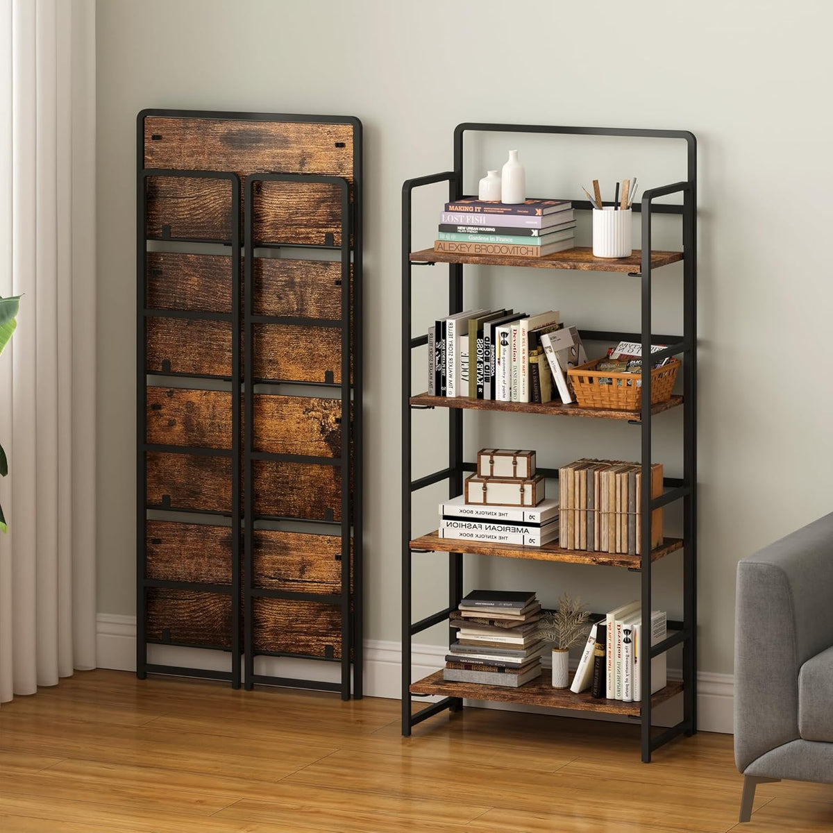 4NM No Assembly Foldable Bookshelf, 4-Shelf Collapsible Bookcase Storage for Small Spaces, 54" H