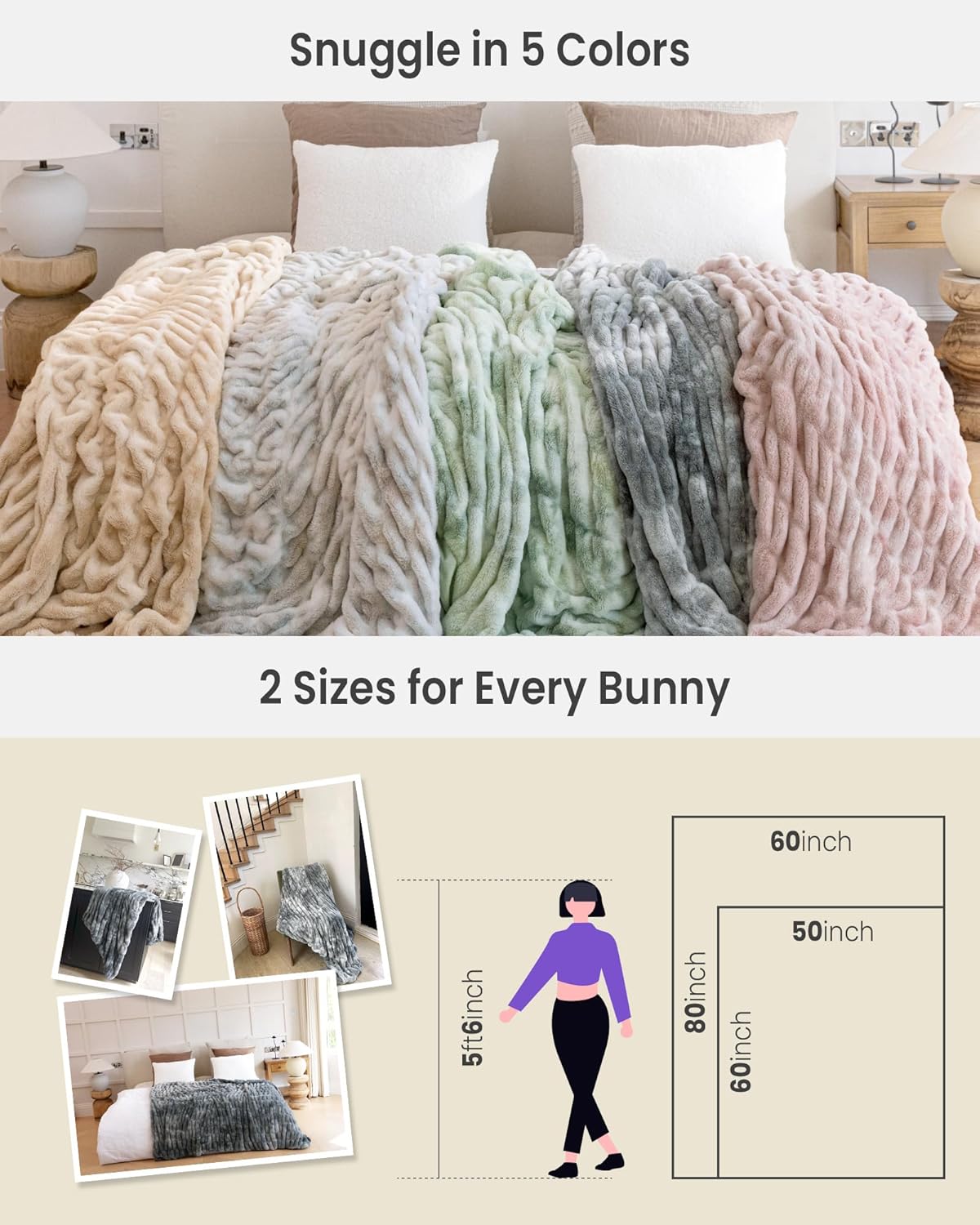 Faux Fur Blanket, Twin Size Oversized Throw Blanket for Couch, Fluffy Blanket with Stretch Ruched