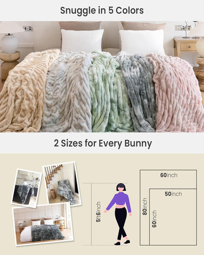 Faux Fur Blanket, Twin Size Oversized Throw Blanket for Couch, Fluffy Blanket with Stretch Ruched