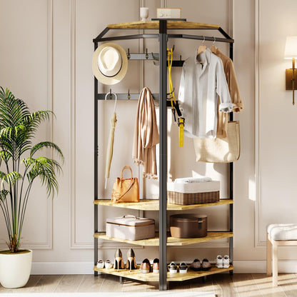 IDEALHOUSE Corner Coat Rack With Shoe Bench and 6 Double Hooks, Corner Hall Tree - Clothes Rack