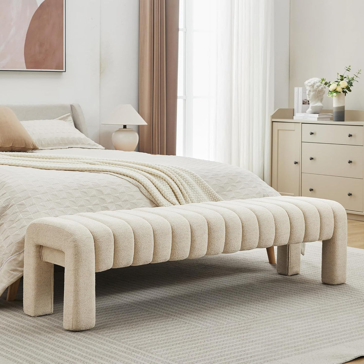 63" Bedroom Bench, Upholstered Entryway Bench, Modern End of Bed Ottoman with Solid Wood Legs and