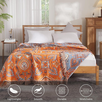Boho Throw Blanket for Couch Sofa Bed, 100% Cotton Woven Quilt with Tassel 80”x90”, Super Soft