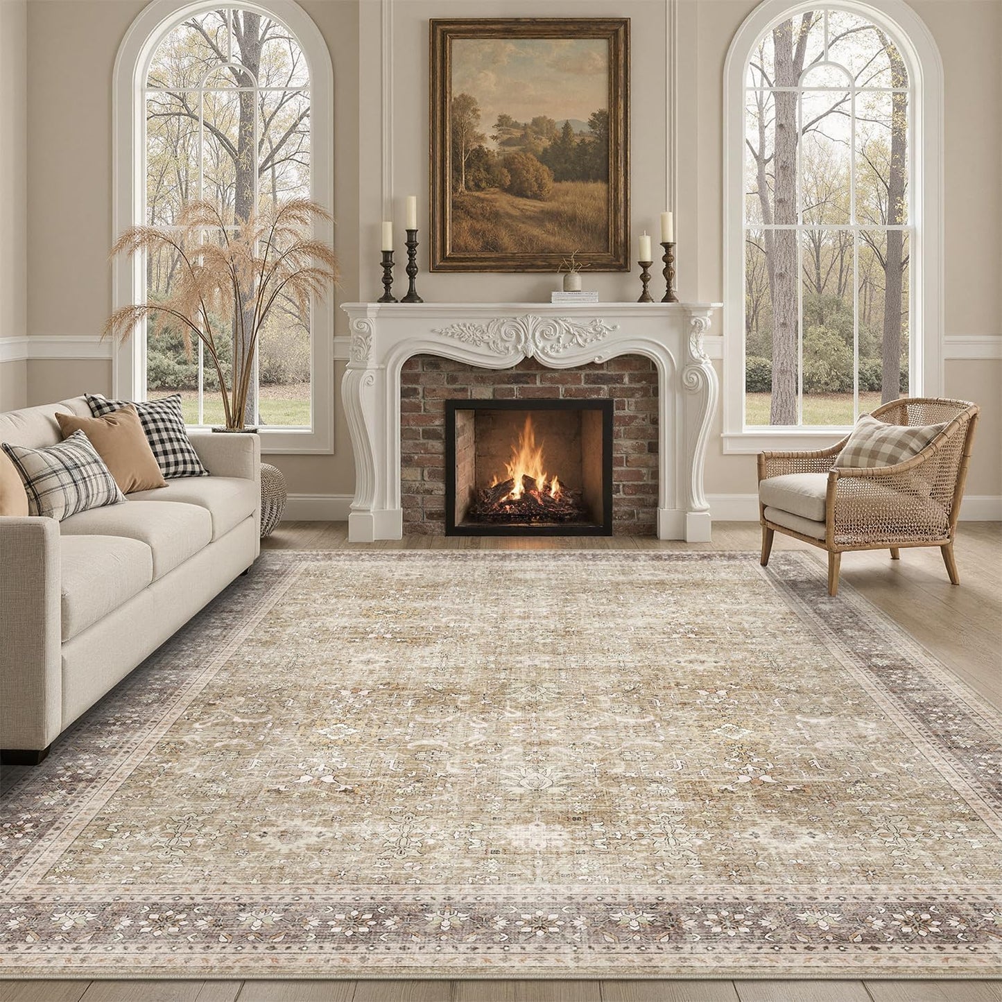DCX Machine Washable Brown and Beige Area Rug 5x7, Non Slip Stain Resistant Vintage Rug for Living