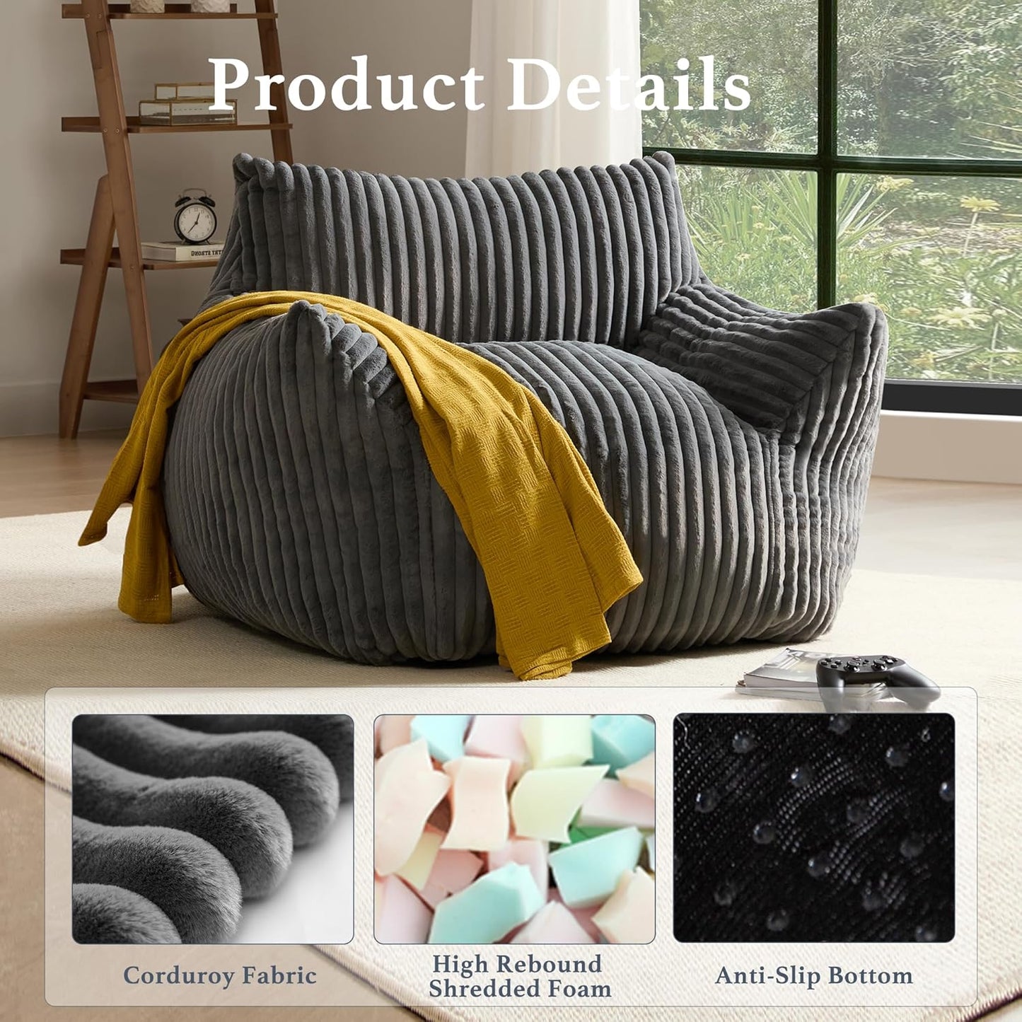 Giant Plush Bean Bag Chair for Adults with Armrests - Oversized Comfy Grey Beanbag Lounge Lazy