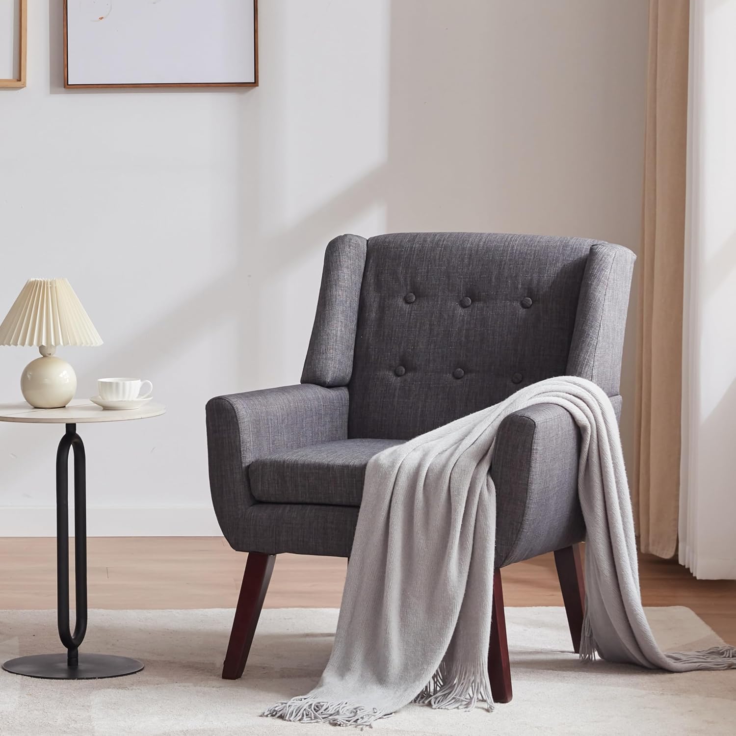HUIMO Accent Chair Living Room Chair, Upholstered Button Tufted Armchair, Linen Fabric Sofa Chairs