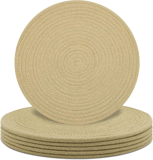 Round Placemats Set of 6, Cotton Rope Woven Table Mats, Hot Pads for Kitchen, Non Slip Heat