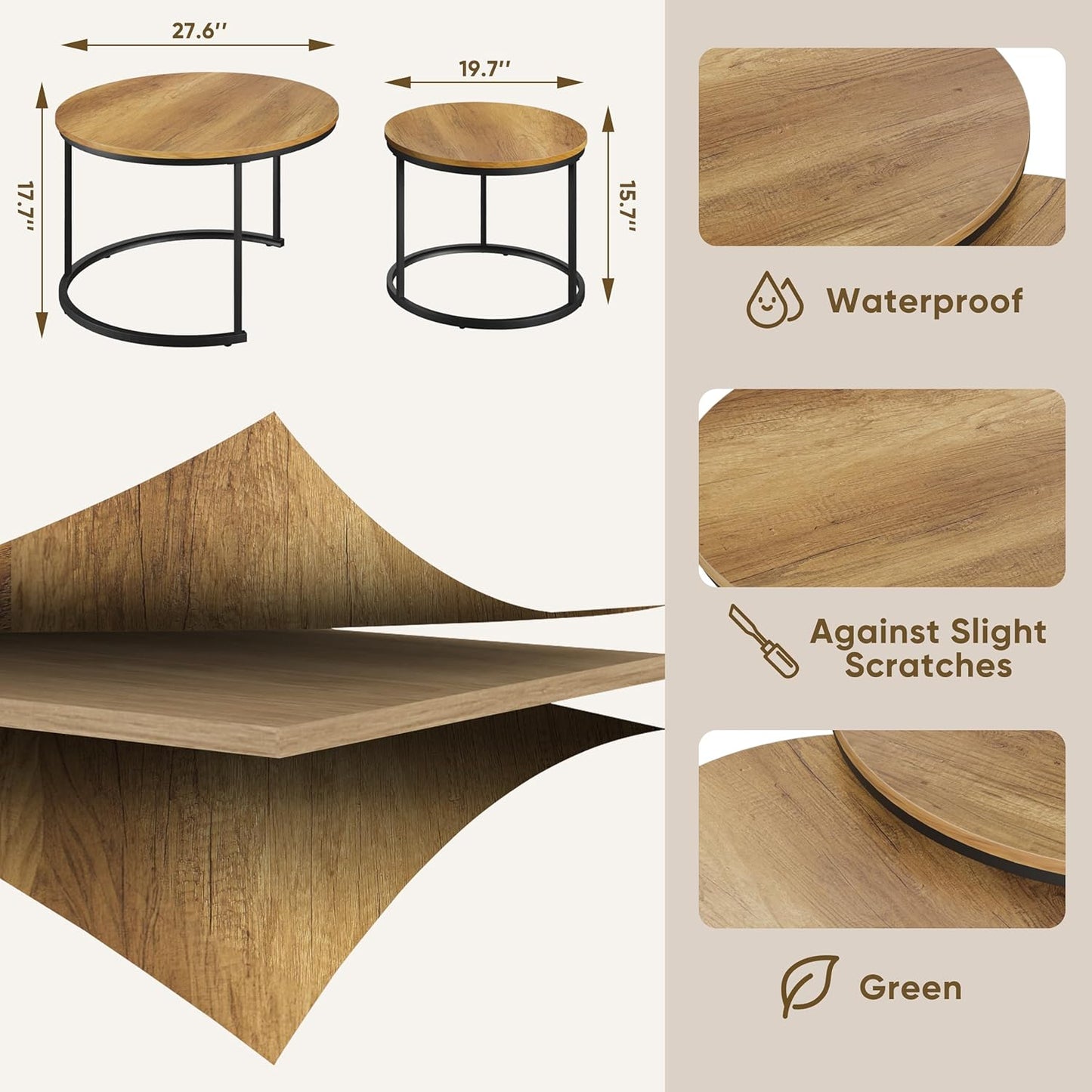 Smuxee Nesting Coffee Table Set of 2, 27.6" Round Coffee Table Wood Grain Top with Adjustable