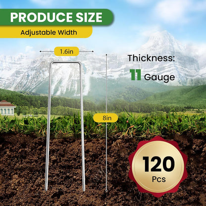 Landscape Staples Galvanized 8 Inch 120 Pcs, Metal Garden Stakes 1.6 Inch, Garden Staples for Lawn