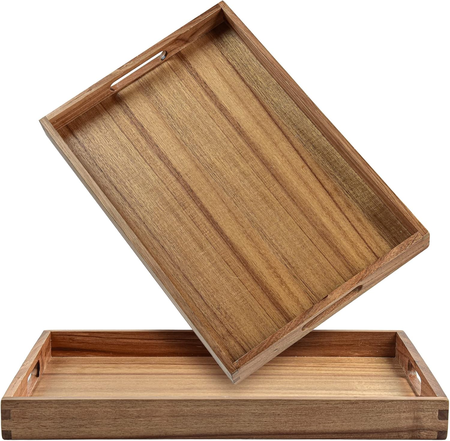 Acacia Wood Serving Tray with Handles (Set of 2)- 17-Inch Decorative Wooden Tray - Perfect for
