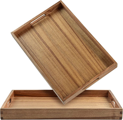 Acacia Wood Serving Tray with Handles (Set of 2)- 17-Inch Decorative Wooden Tray - Perfect for