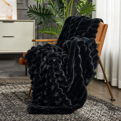 Cozy Bliss Faux Fur Throw Blanket for Couch, Cozy Warm Plush Striped Blanket for Sofa Bedroom