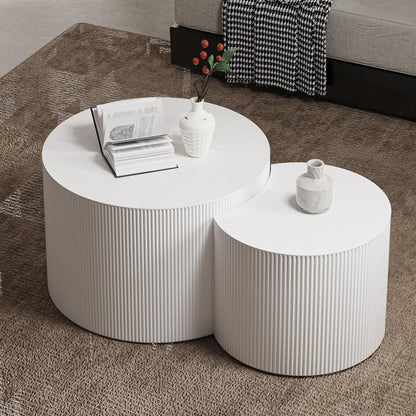 Round Nesting Coffee Table White Round Fluted Coffee Table Set of 2 for Living Room Small Circle