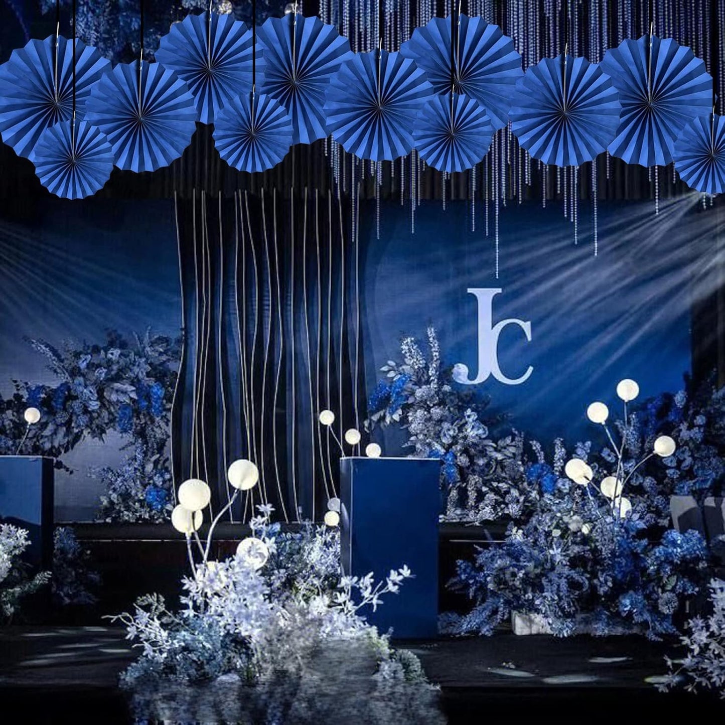 HQZ Blue Party Hanging Fans DIY Set - 12pcs Paper Fans, Pinwheels, Craft for Wedding, Birthday