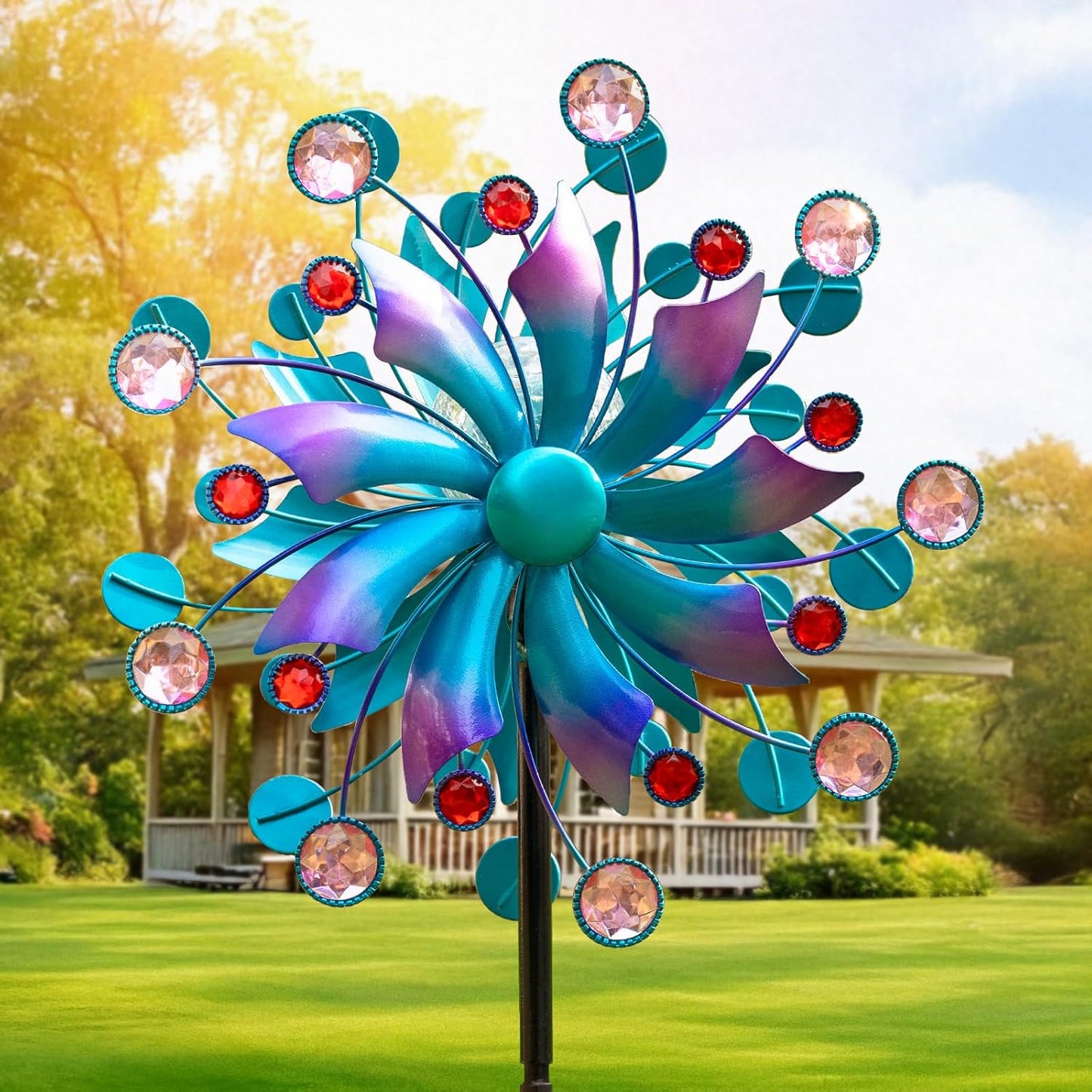 Solar Wind Spinner, 60.63 Inch Outdoor Metal Stake Yard Spinners, Solar Powered Multi-Color LED