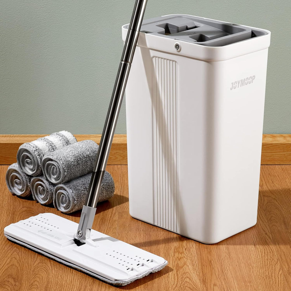 JOYMOOP Mop and Bucket with Wringer Set, White Flat Squeeze Mop Bucket Set for Floor Cleaning, Wet
