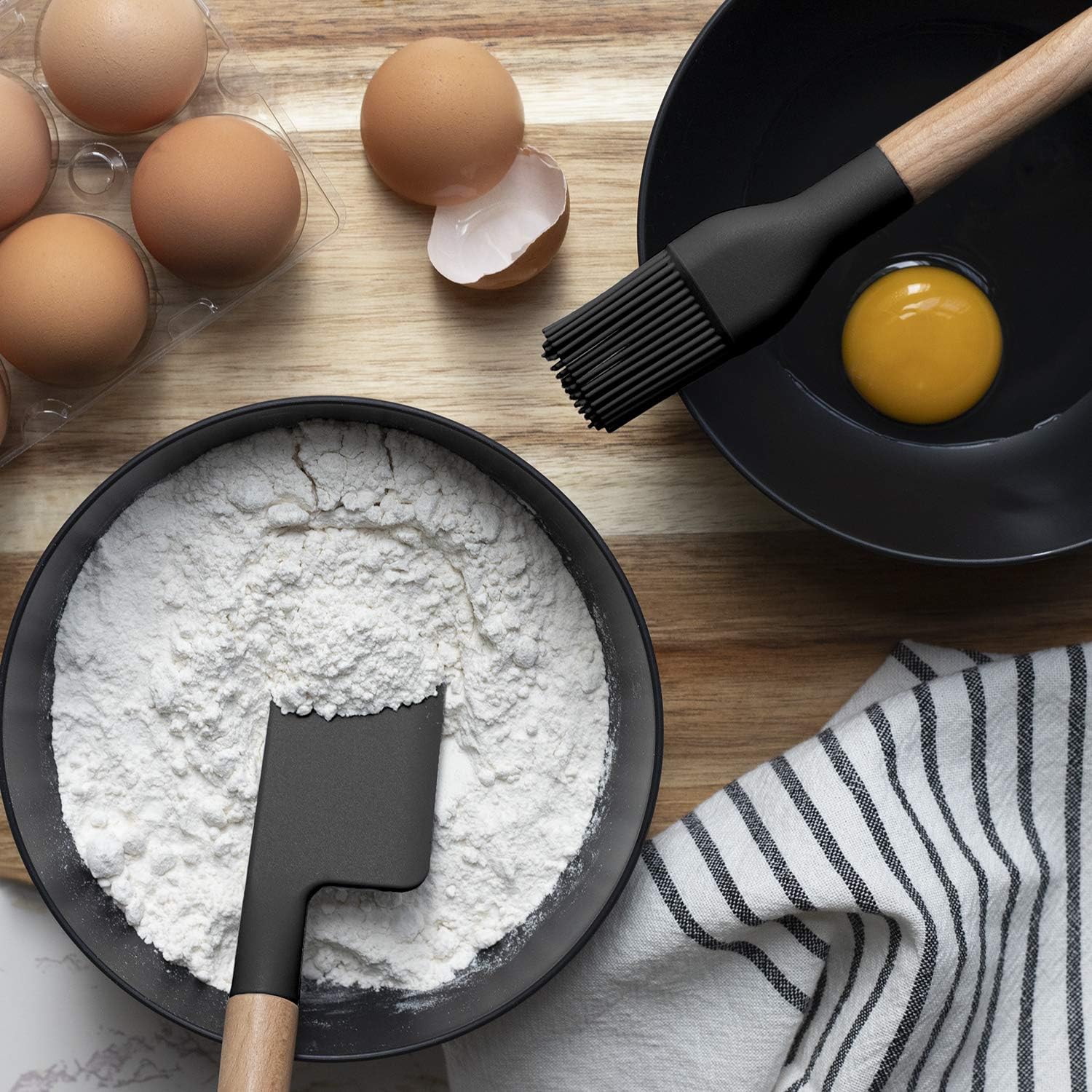 Country Kitchen Non Stick Silicone Utensil Set with Rounded Wood Handles for Cooking and Baking, 6