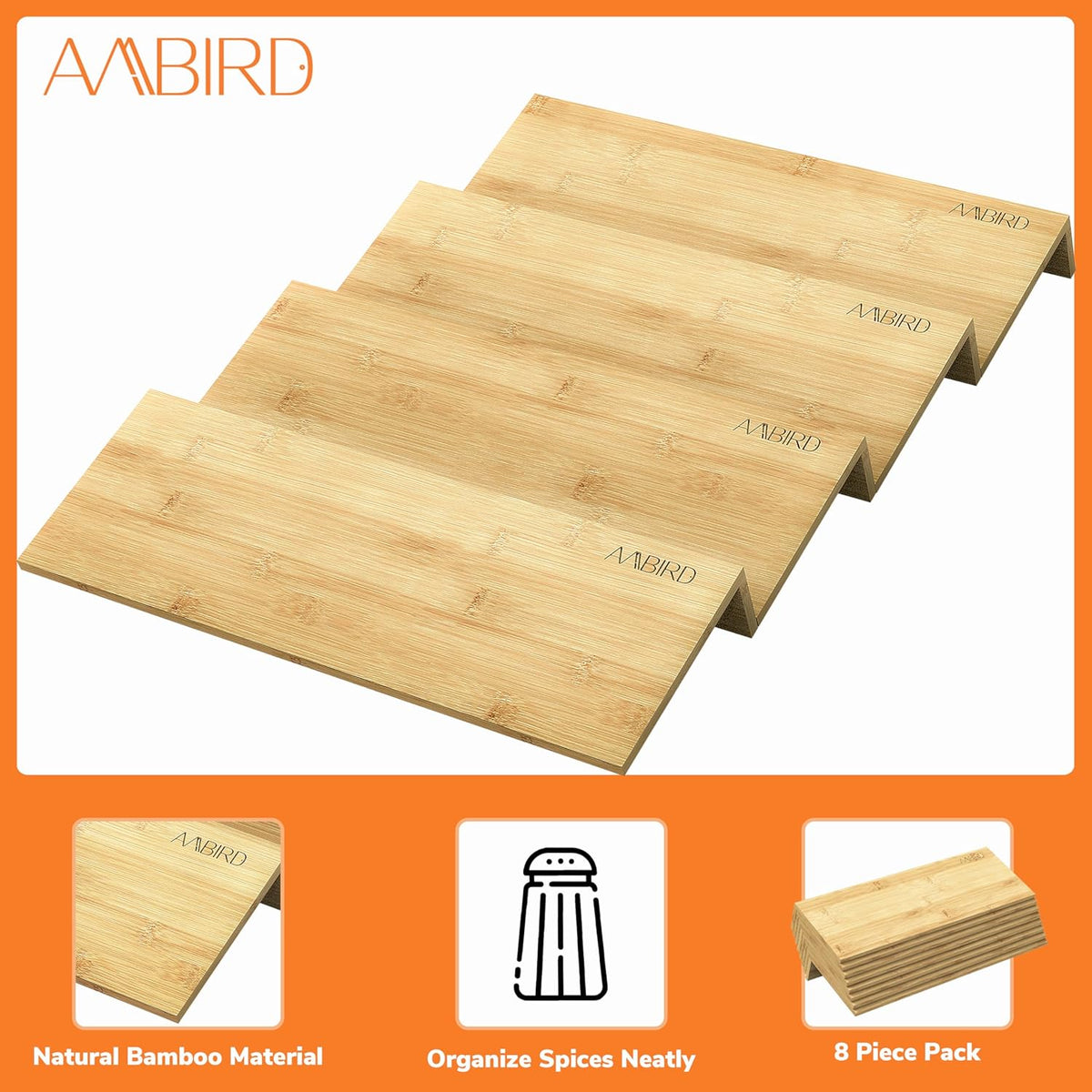 AMBIRD Bamboo Spice Drawer Organizer with Non-slip Mat,4 Tier - 2 Set Jar Spice Rack Tray From