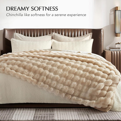 EVERGRACE Ultra Soft Luxury Fluffy Ridgeline Faux Rabbit Fur Throw Blanket, Thick Warm Bubble Throw