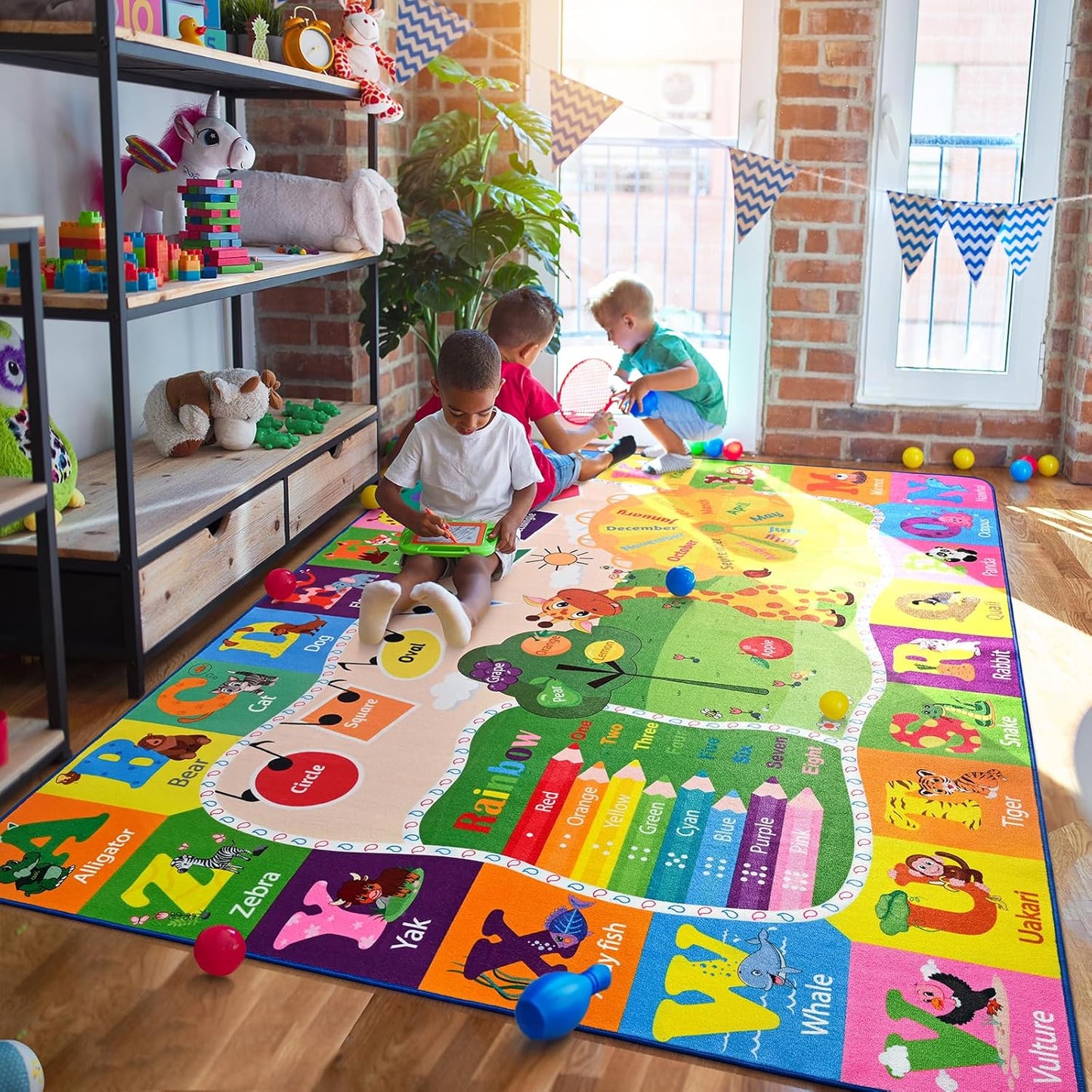 5x7 Playroom Rugs for Kids Washable, Educational and Fun Playmat with ABC Alphabet Animals Shapes