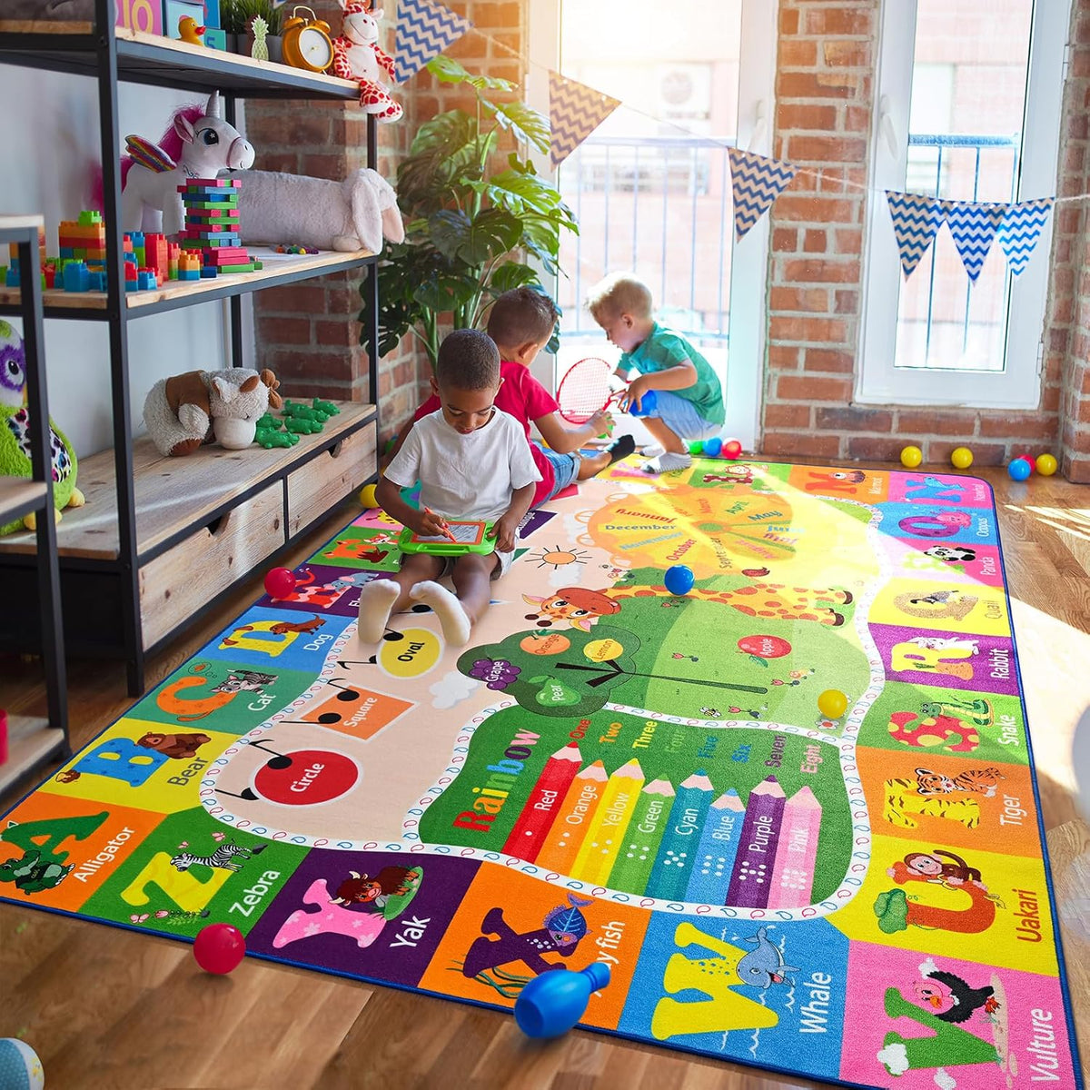 5x7 Playroom Rugs for Kids Washable, Educational and Fun Playmat with ABC Alphabet Animals Shapes
