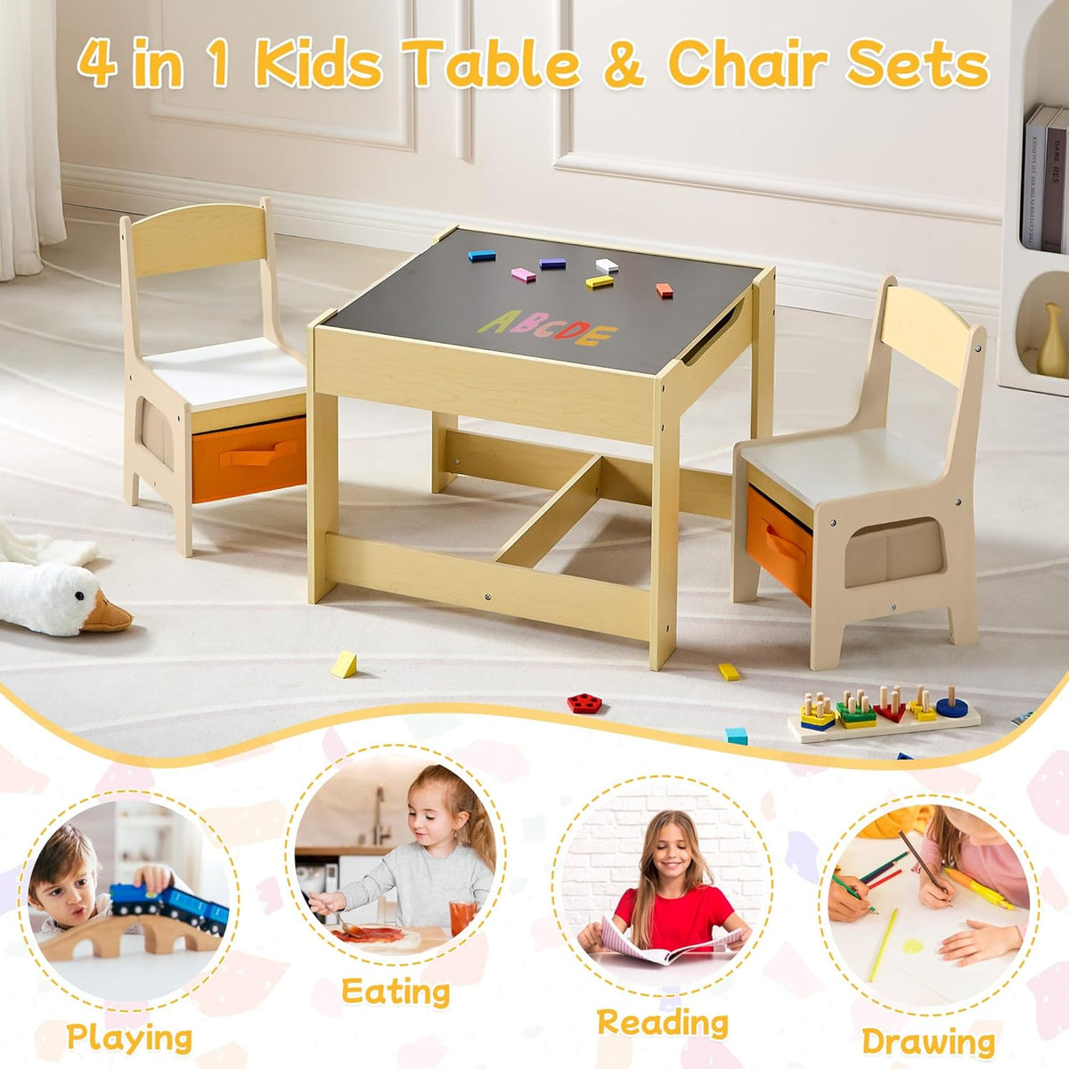 Kids Table and Chair Set, 3 in 1 Wooden Activity Table with Detachable Tabletop, Toddler Table and