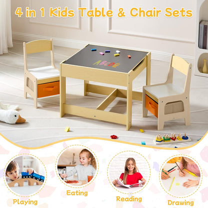 Kids Table and Chair Set, 3 in 1 Wooden Activity Table with Detachable Tabletop, Toddler Table and