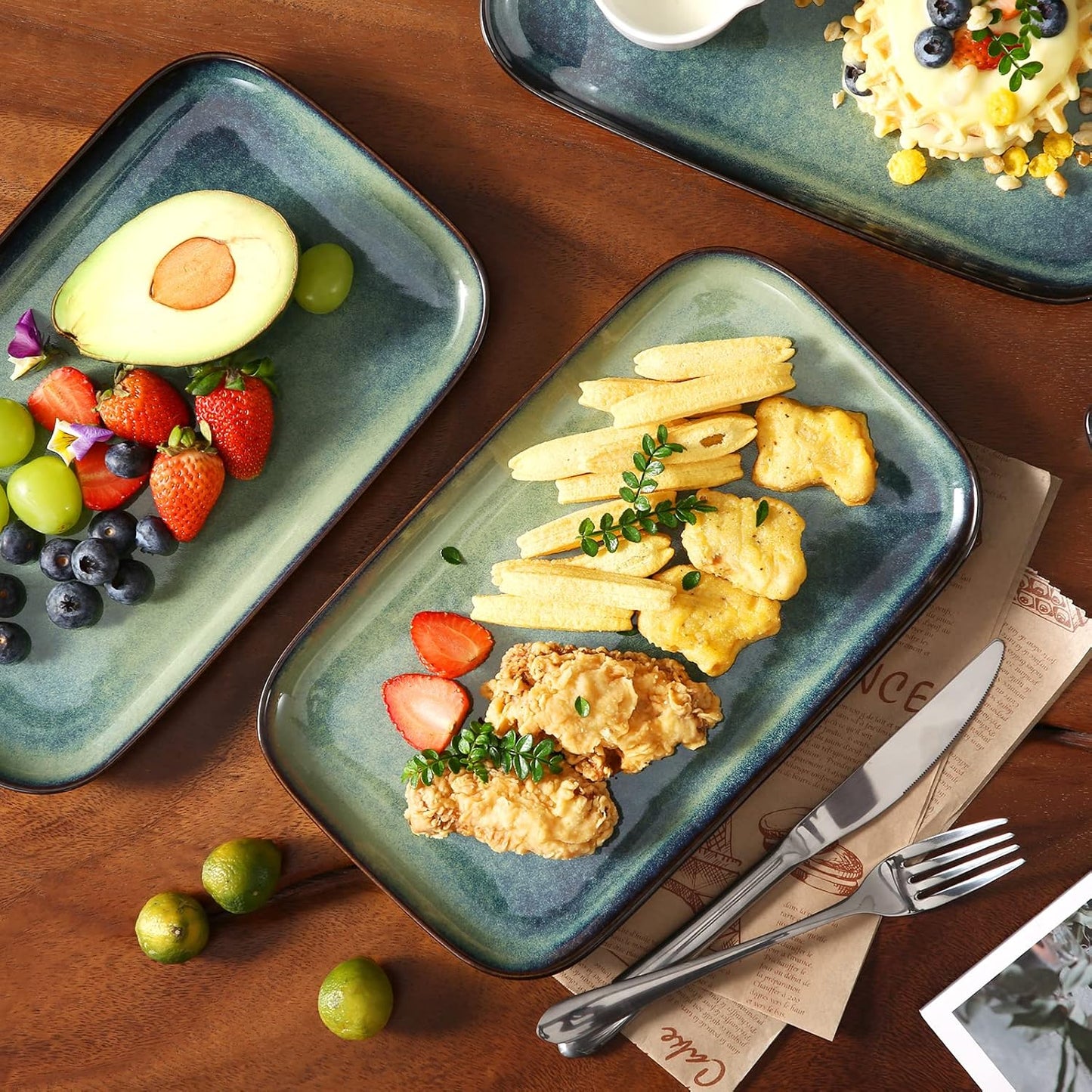 vancasso Stern Serving Platters Set of 4, 11 Inches Rectangular Ceramic Serving Plates, Green