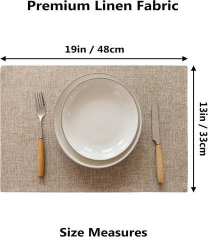 Demetex Linen Placemats Set of 6 Heat Resistant Wipeable Cloth Table Place Mats for Dining Table