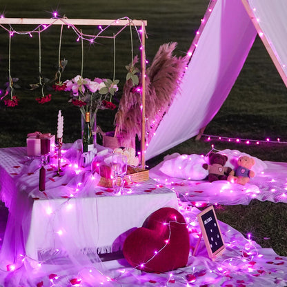 JMEXSUSS Connectable 100 LED Room Lights, 33ft 8 Modes Pink Christmas Lights Clear Wire, Plug in