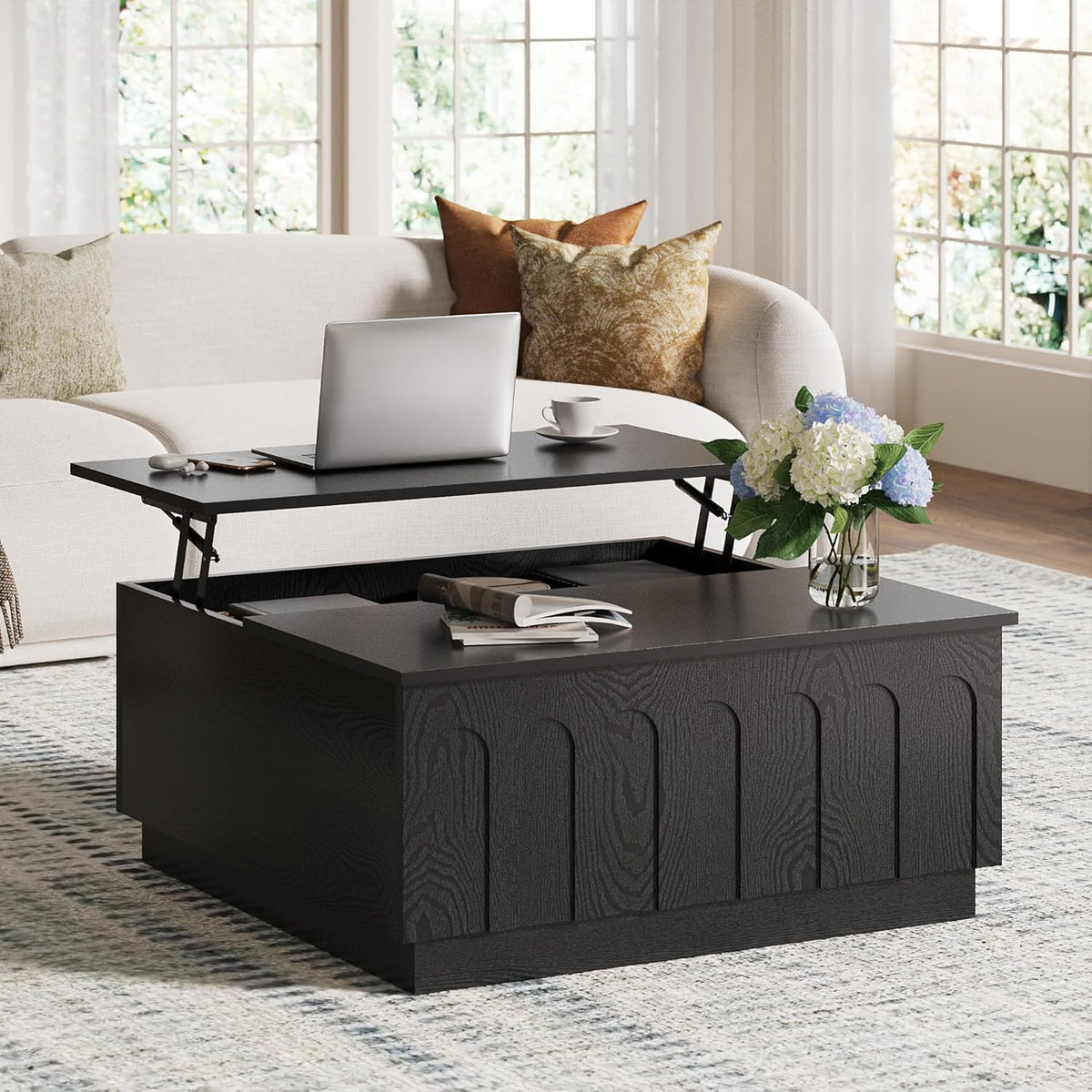 Lift Top Coffee Table with Storage, Modern Coffee Table with Arched Design, 31.5" Square Tea Table