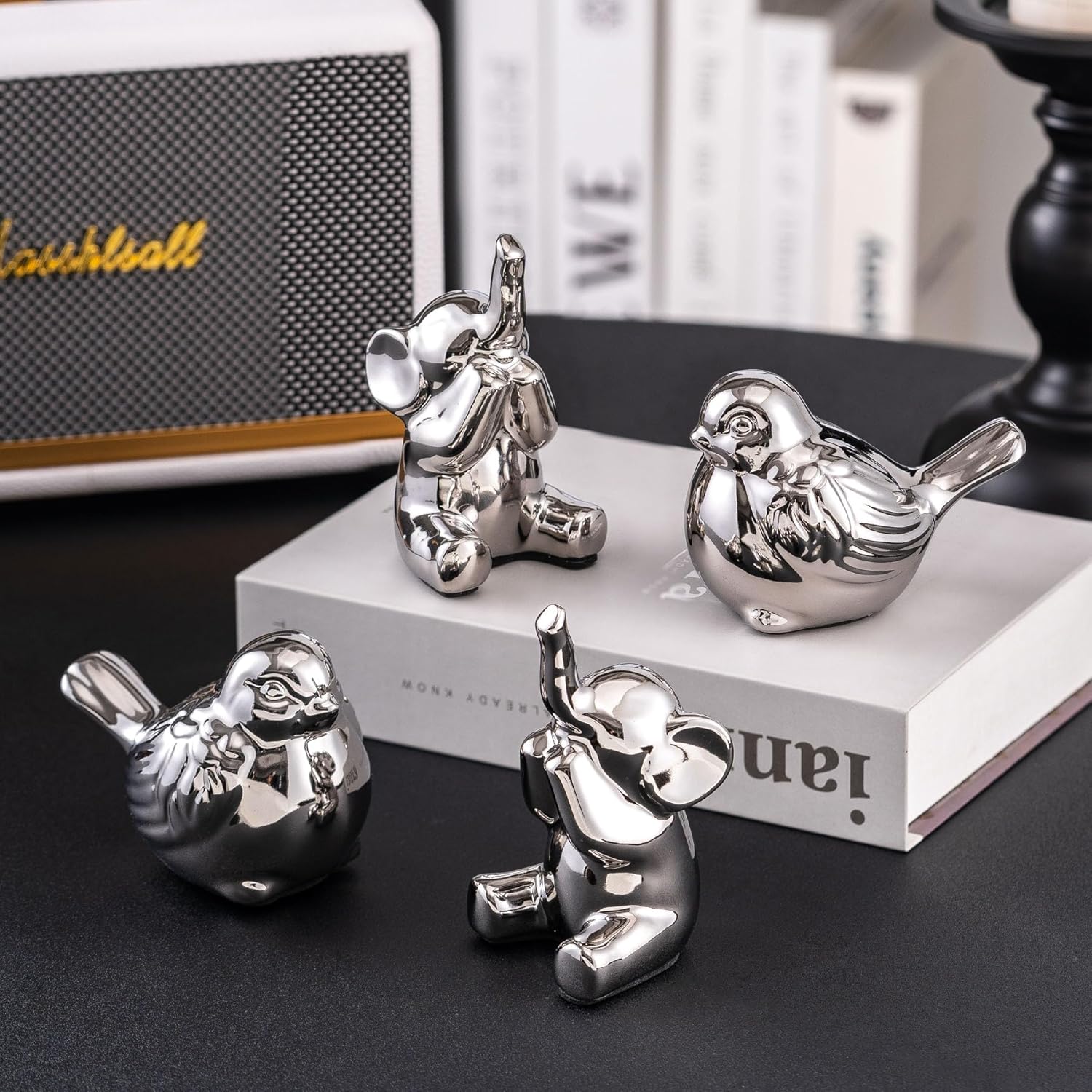 Loving Pair of Small Silver Elephant Statues Silver Home Decor Modern Boho Style Figurine