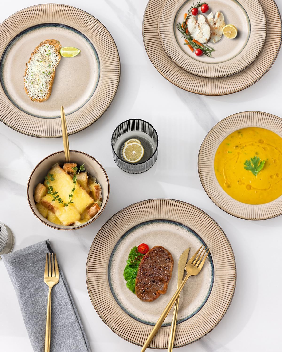 GBHOME Ceramic Dinnerware Sets, 18 Piece Embossed Elegant Stoneware Plates and Bowls Sets