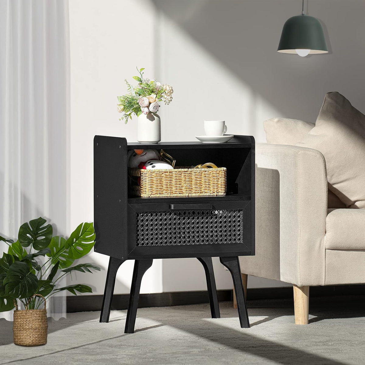 Lerliuo Rattan Nightstands Set of 2, Boho Side Table with Drawer Open Shelf, Cane Accent Bedside
