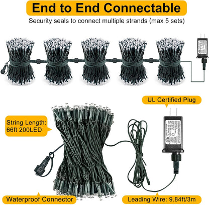 Christmas Lights Outdoor, 66FT 200 LED White Christmas Tree Lights with 8 Modes Waterproof, Plug in