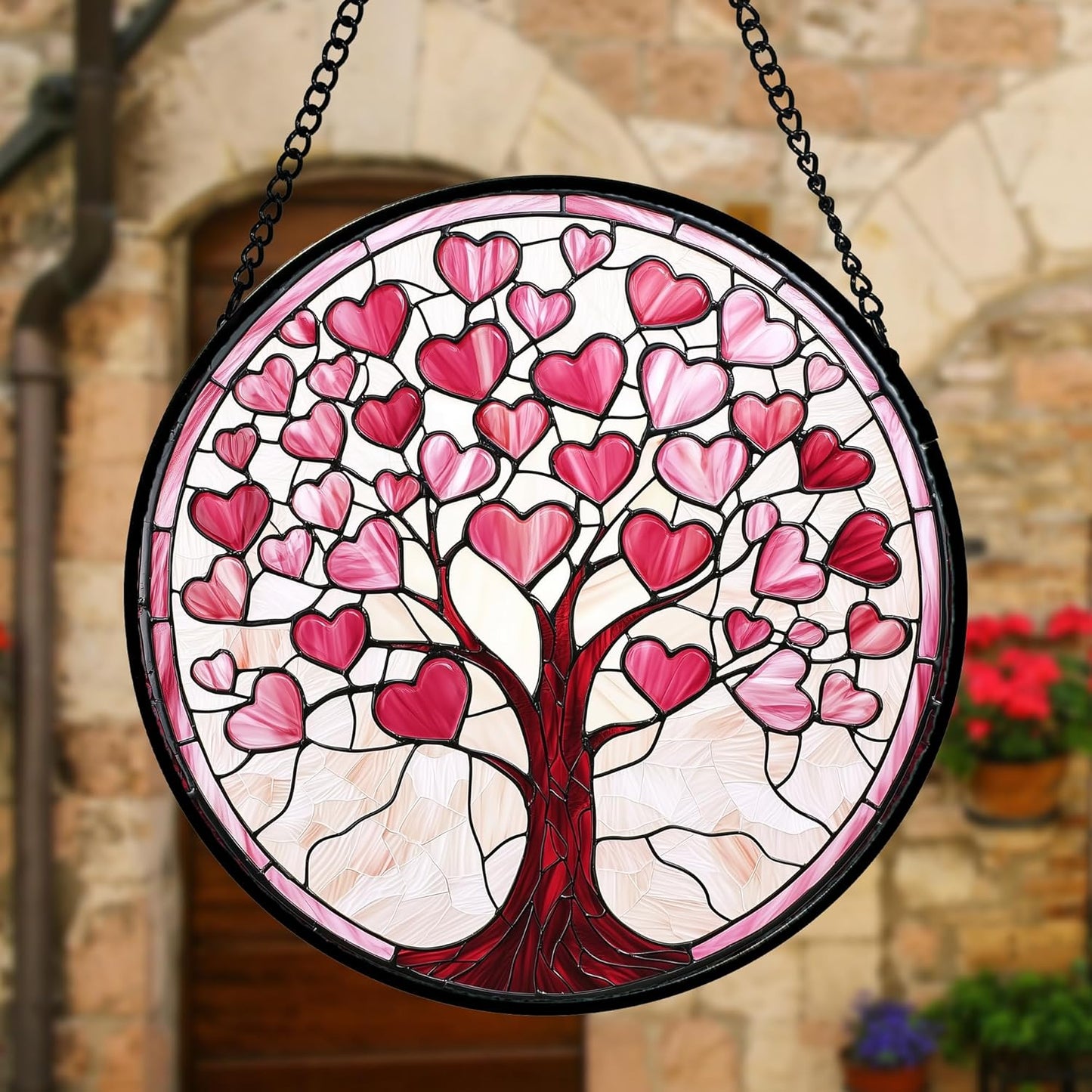 Stained Glass Window Hanging, Valentine's Day Gifts Pink Love Heart Tree Suncatcher Hangings Beige