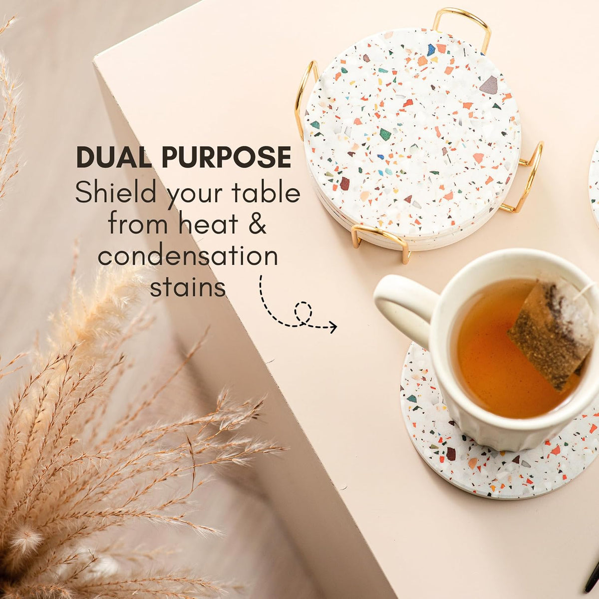 Green Terrazzo Drink Absorbent Coasters with Holder Set of 6, Ceramic Coaster for Drinks, Coffee