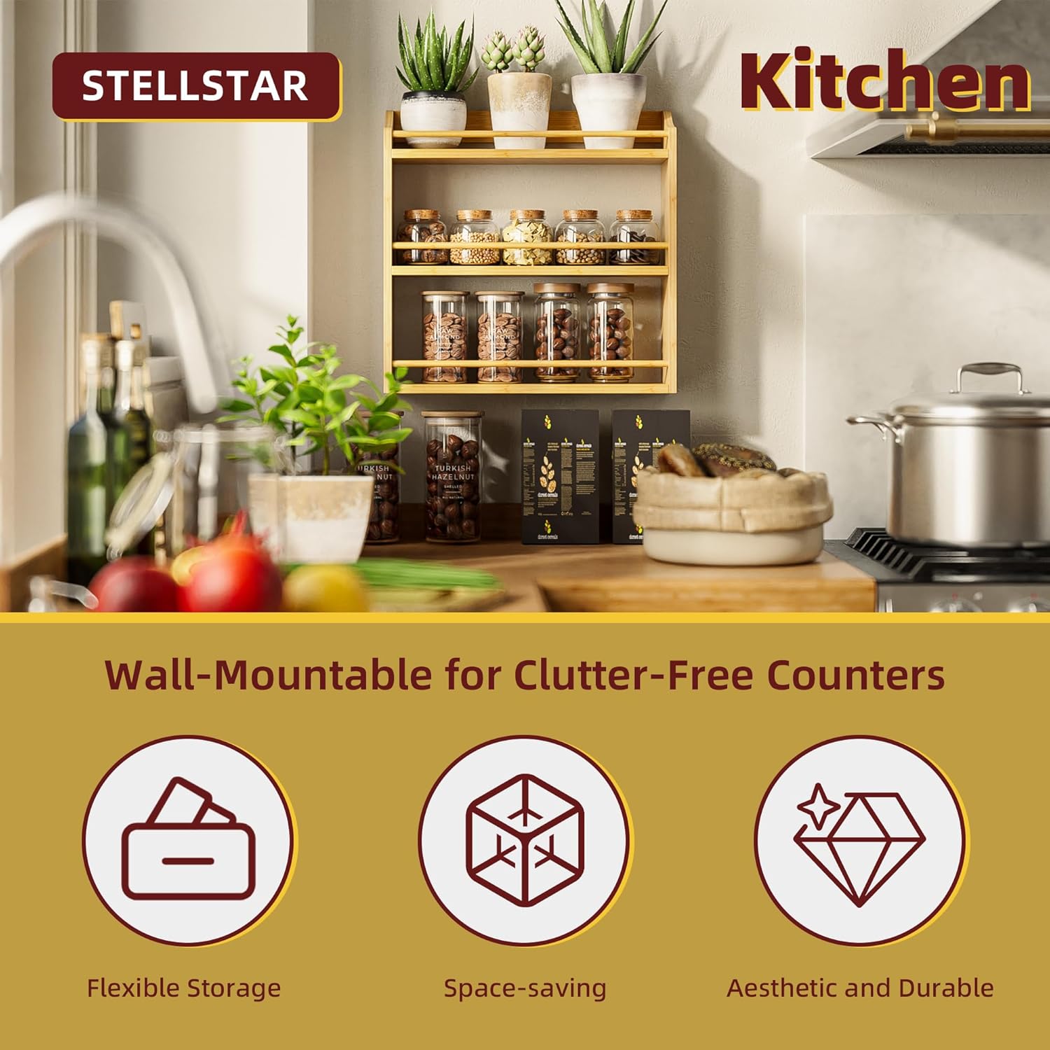 Spice Rack Wall Mounted, Spice Organizer for Counter, Bamboo Spice Storage Holder for Kitchen