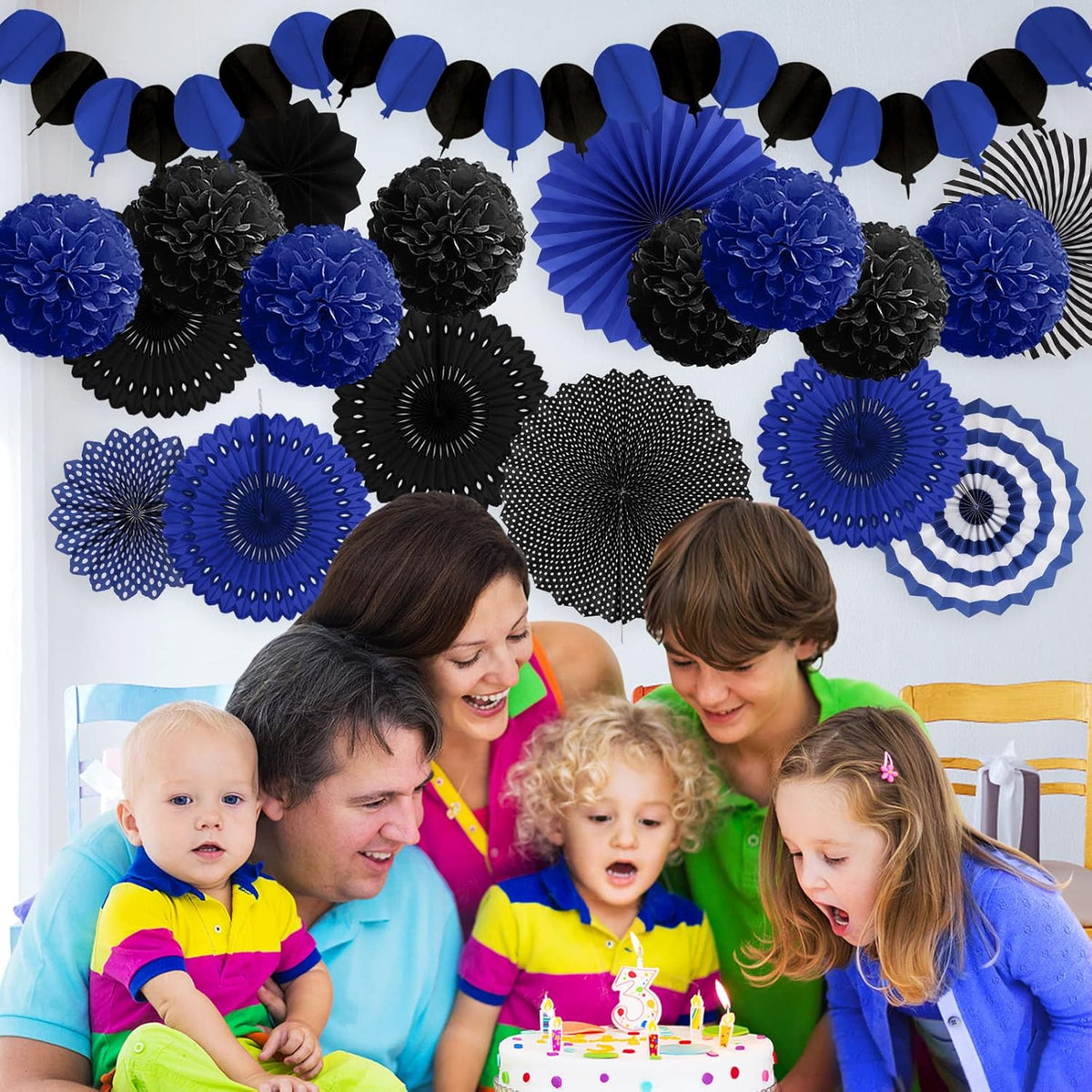 Party Decorations, Black Navy Blue Papar Fans Pompoms Garlands for Men Boy Fathers Day Graduation
