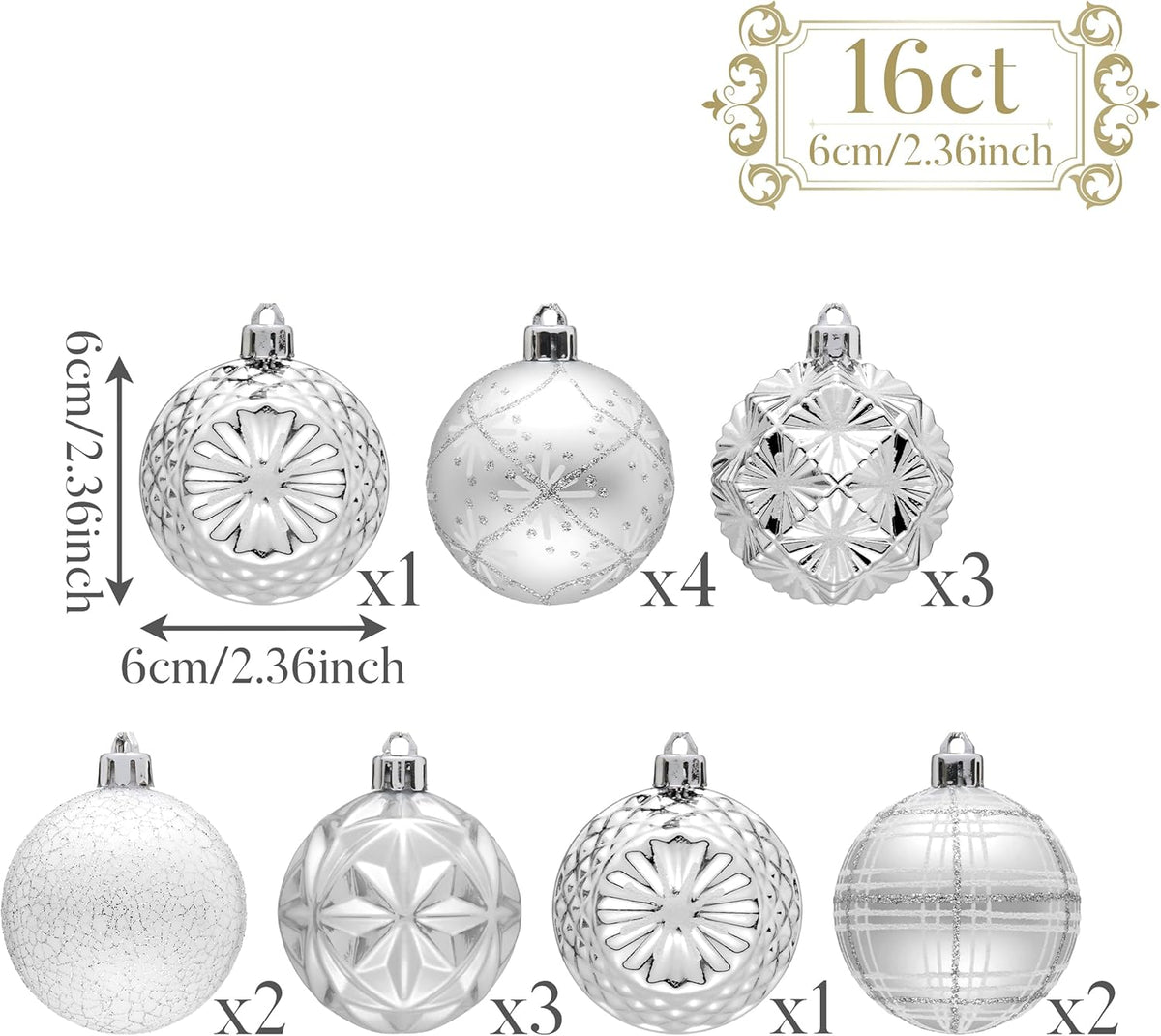 Valery Madelyn Ornaments for Christmas Trees, 16ct 2.36 Inches White and Silver Shatterproof