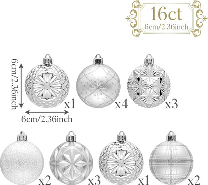 Valery Madelyn Ornaments for Christmas Trees, 16ct 2.36 Inches White and Silver Shatterproof