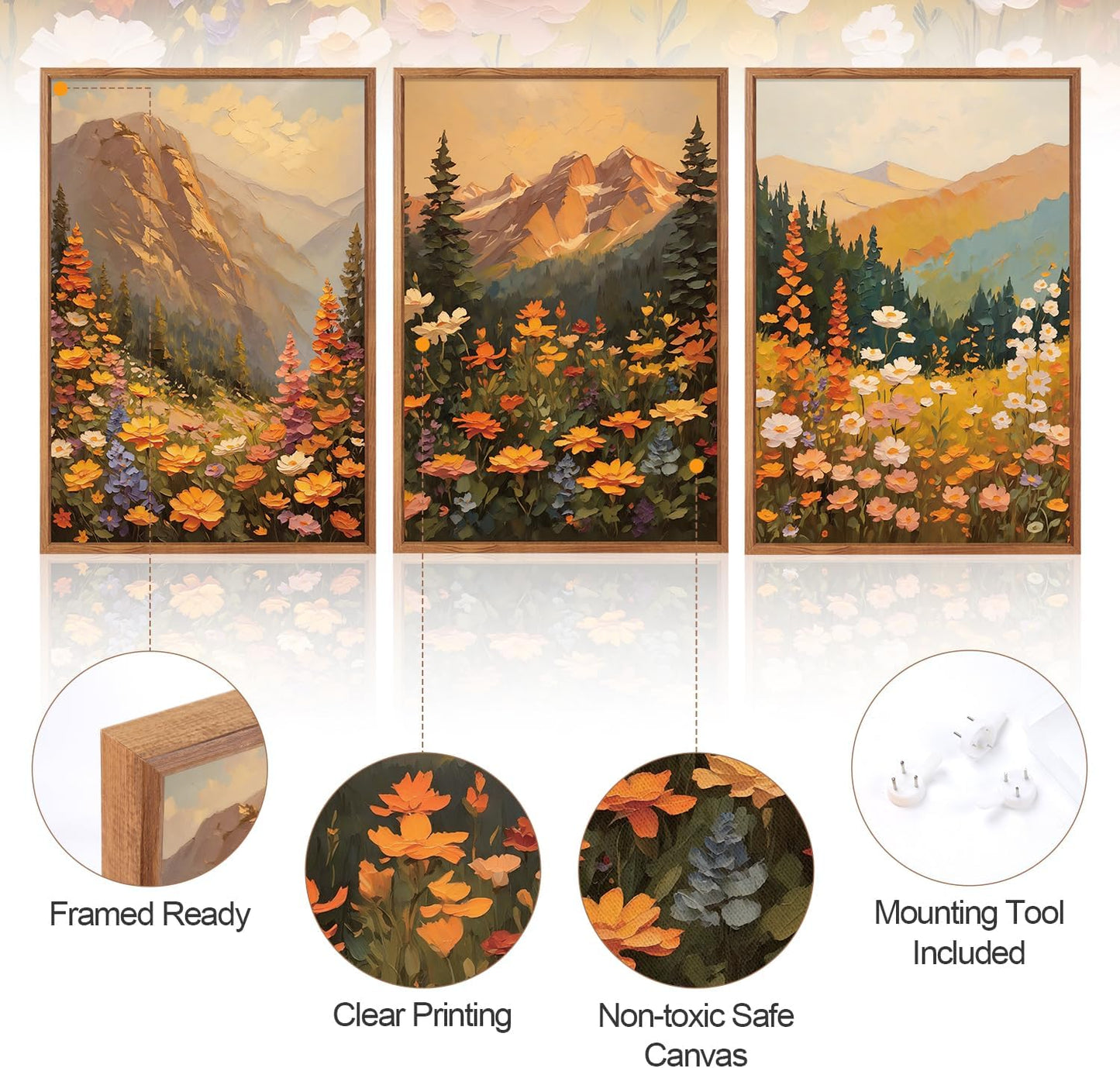Aurlan Boho Mountain Sunset Landscape Framed Wall Art(16"x24"), 3PCS Large Wildflowers Meadow