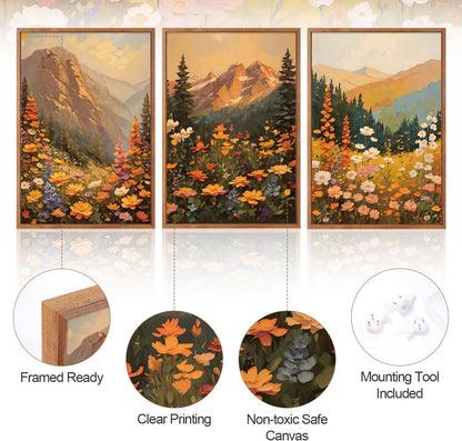 Aurlan Boho Mountain Sunset Landscape Framed Wall Art(16"x24"), 3PCS Large Wildflowers Meadow